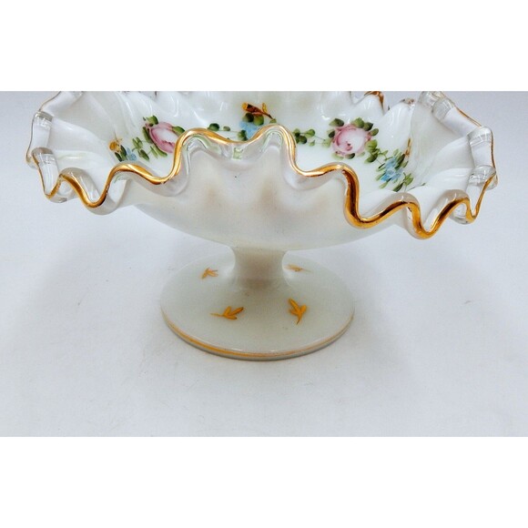 Fenton Charleton Rose Green Mist Silvercrest Compote Gold Trim Hand-painted - Picture 7 of 11